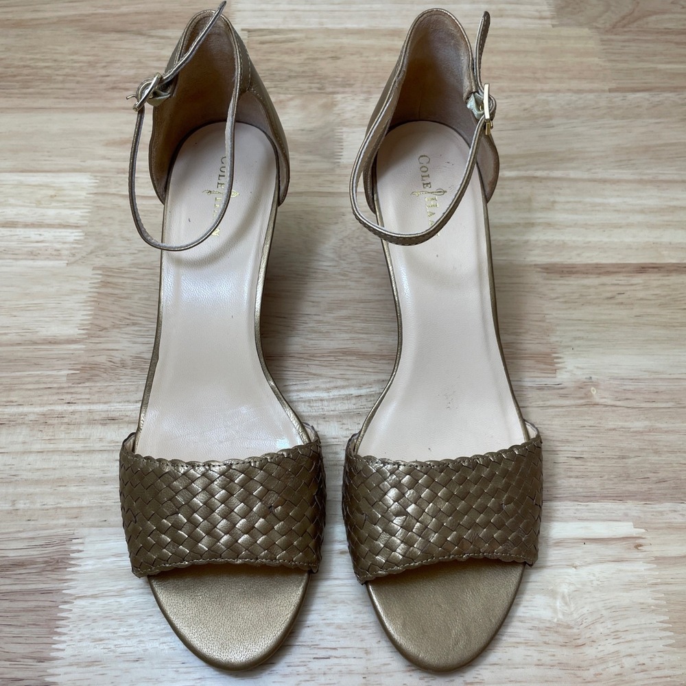 Cole Haan Gold Metallic Woven Wedge‎ Sandals Ankle Strap Women Size 9